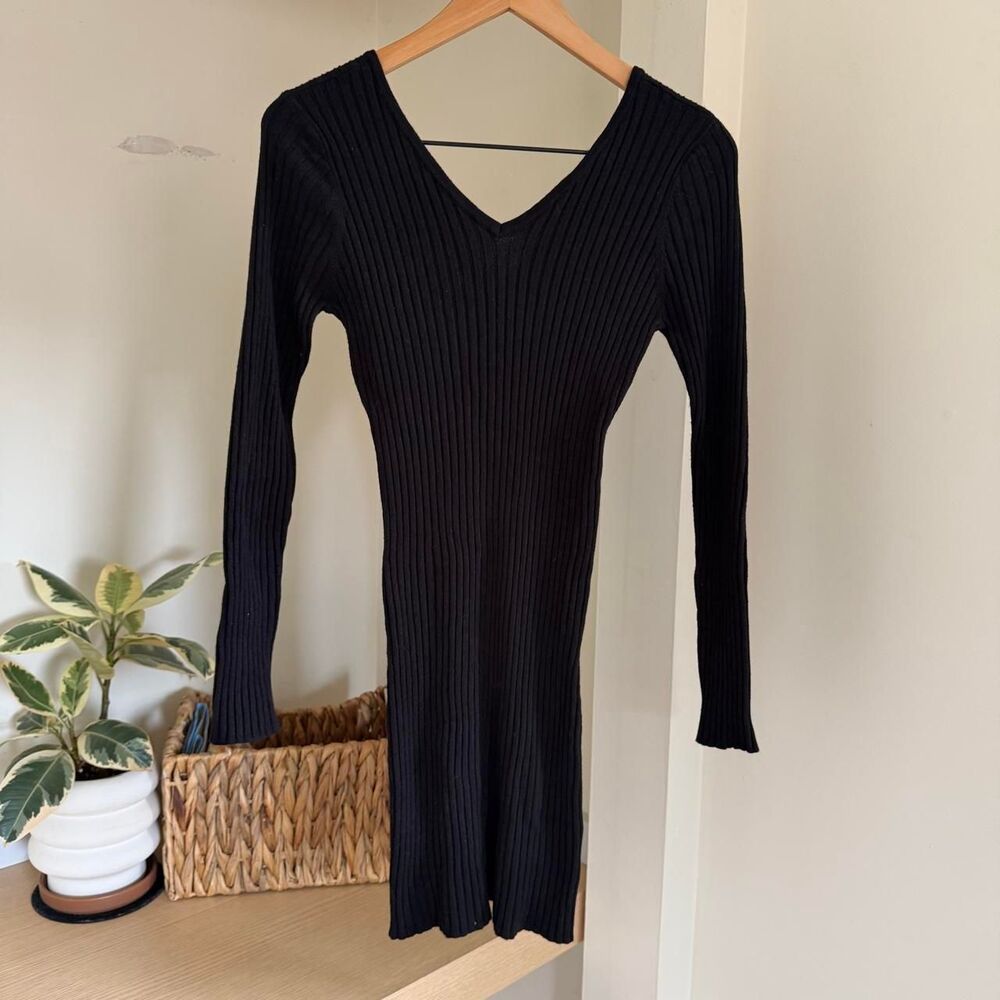 Ribbed Knit Long Sleeve Short Dress Black Large GUC